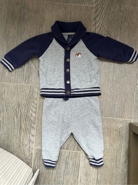 Janie and Jack Bulldog Cardigan and Striped French Terry Jogger pant
